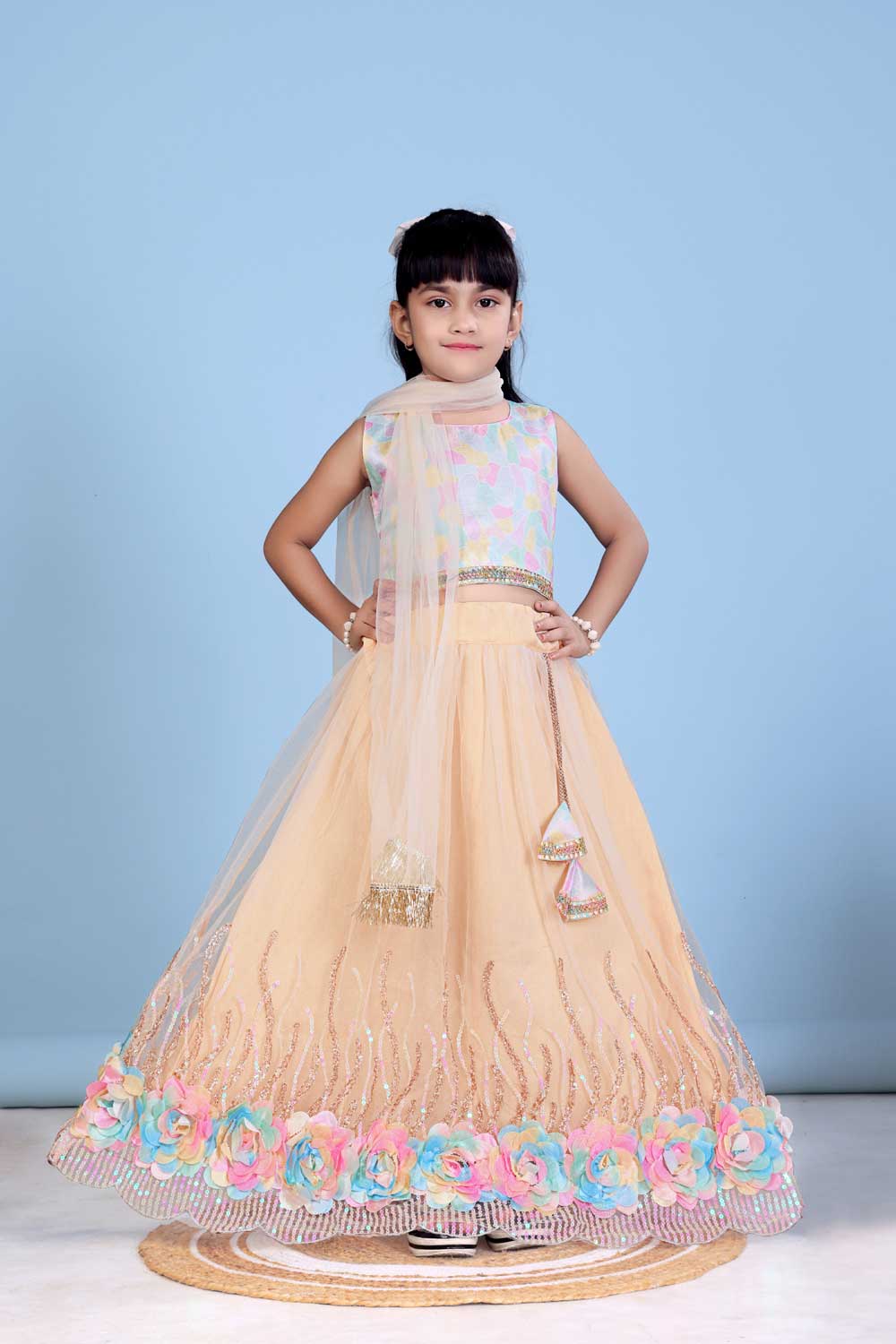 Baby Girl Lehenga Set with 3D Floral Hem & Dupatta