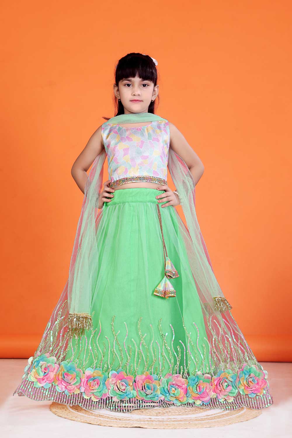 Baby Girl Lehenga Set with 3D Floral Hem & Dupatta