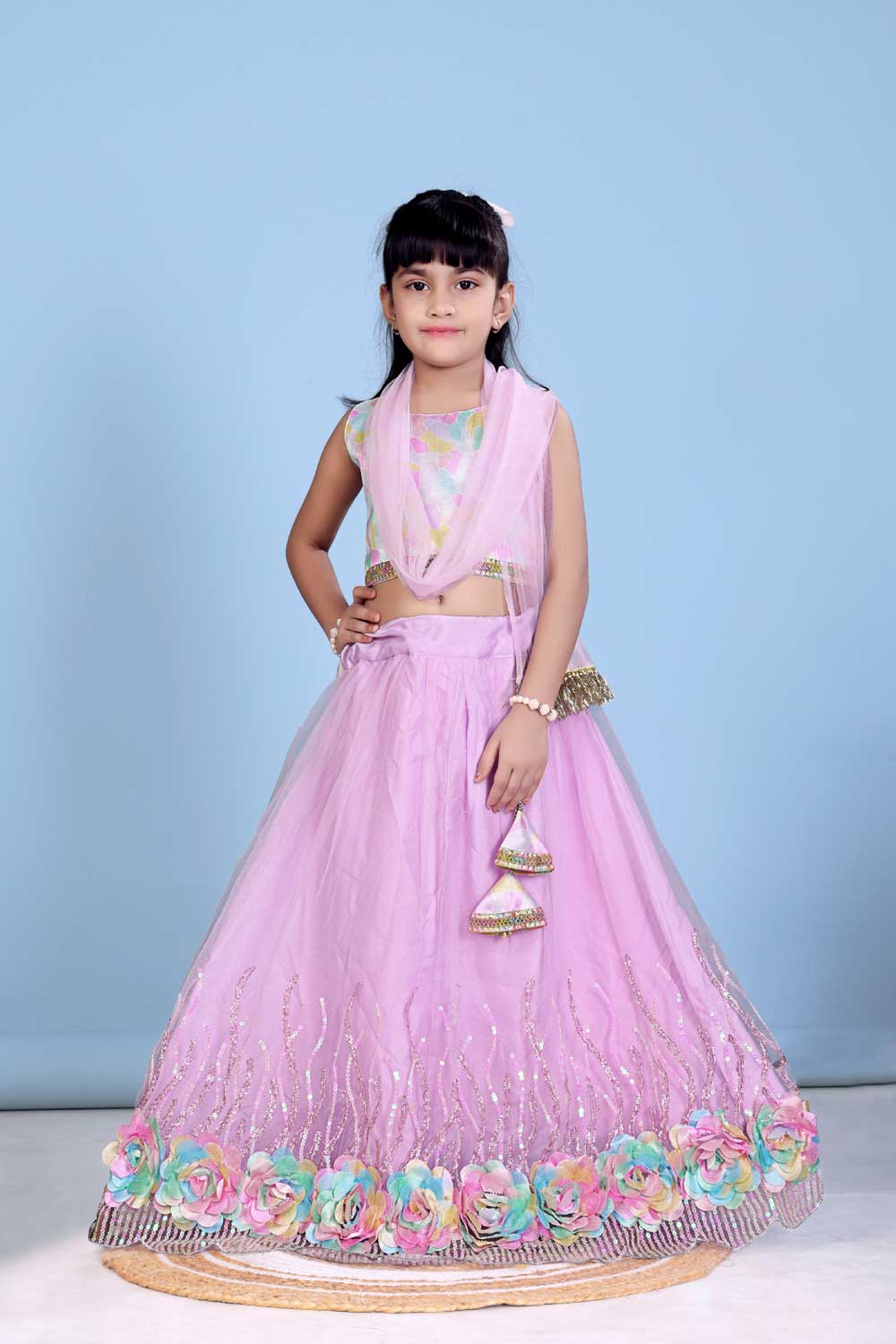 Baby Girl Lehenga Set with 3D Floral Hem & Dupatta