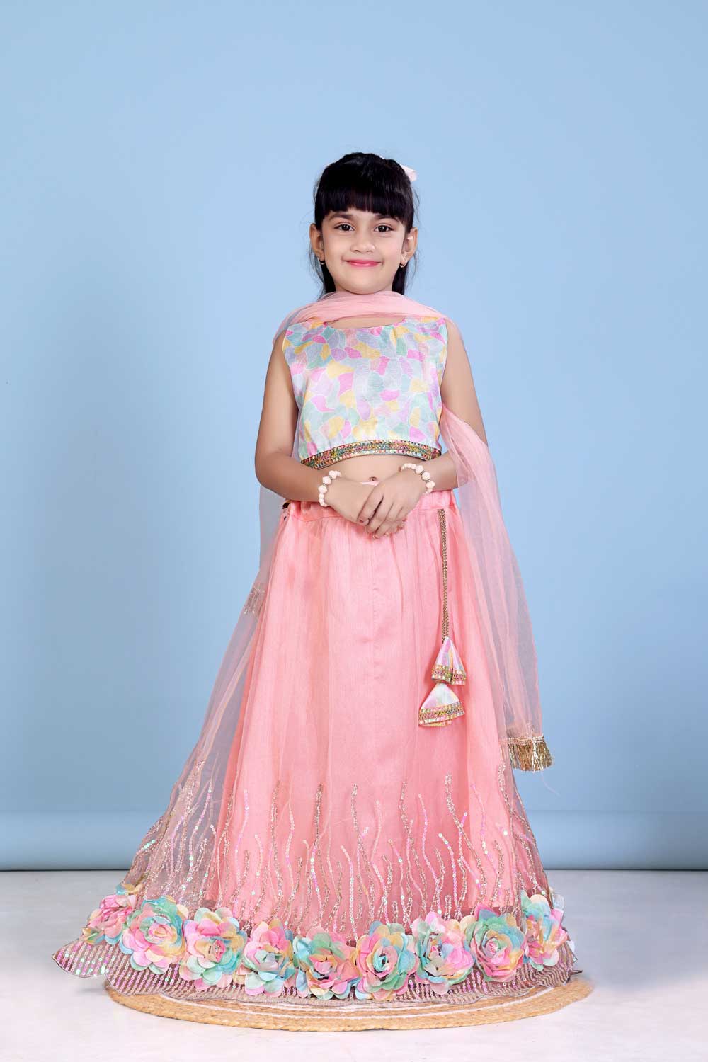 Baby Girl Lehenga Set with 3D Floral Hem & Dupatta