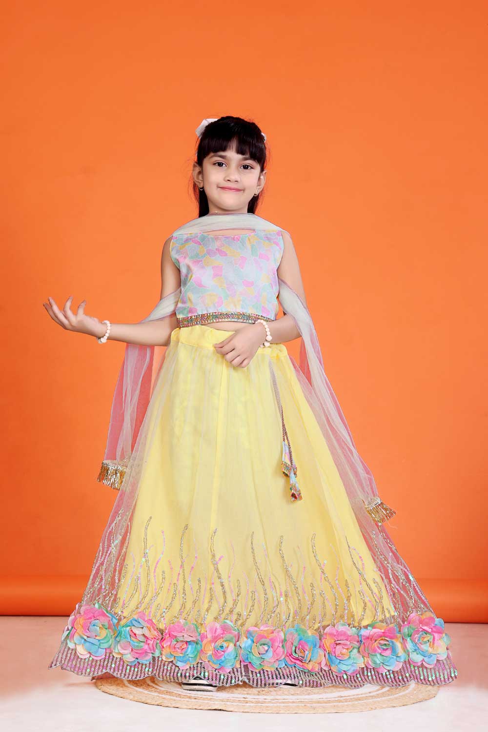 Baby Girl Lehenga Set with 3D Floral Hem & Dupatta