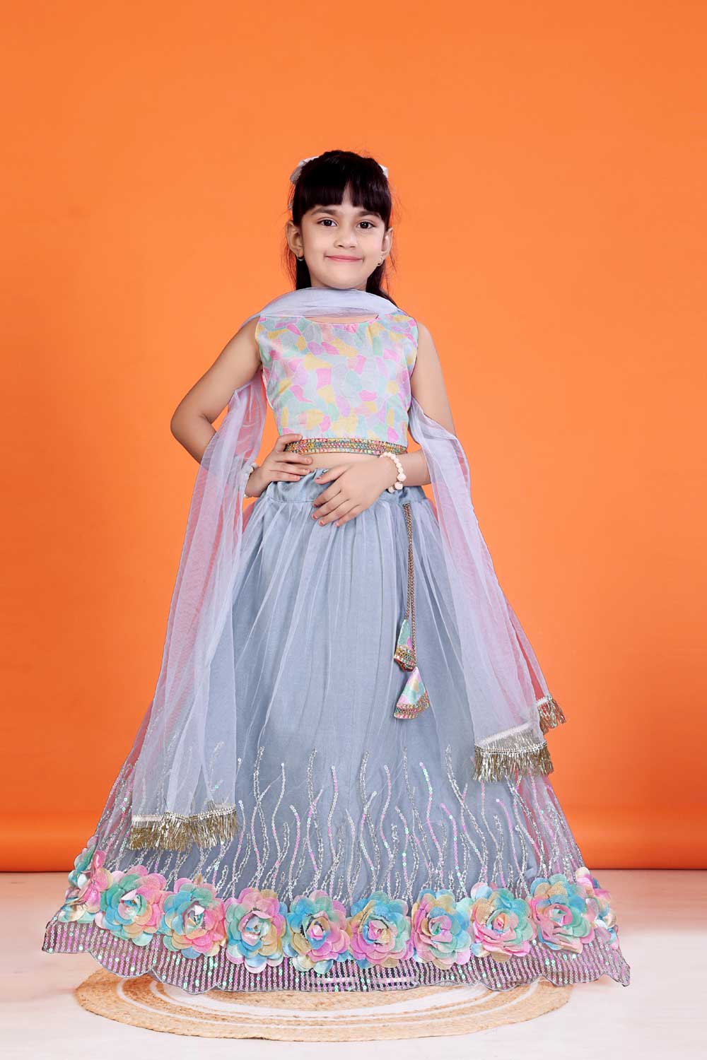 Baby Girl Lehenga Set with 3D Floral Hem & Dupatta