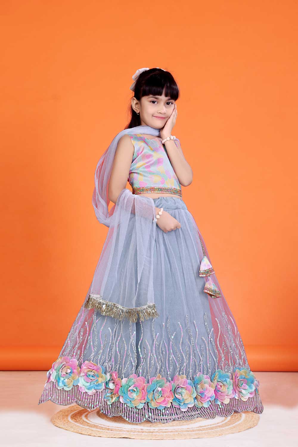 Baby Girl Lehenga Set with 3D Floral Hem & Dupatta