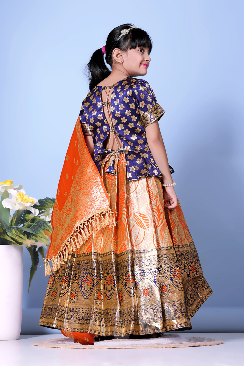 Girls Banarasi Lehenga Choli Set Silk Festive Wedding Ethnic Dress Kids