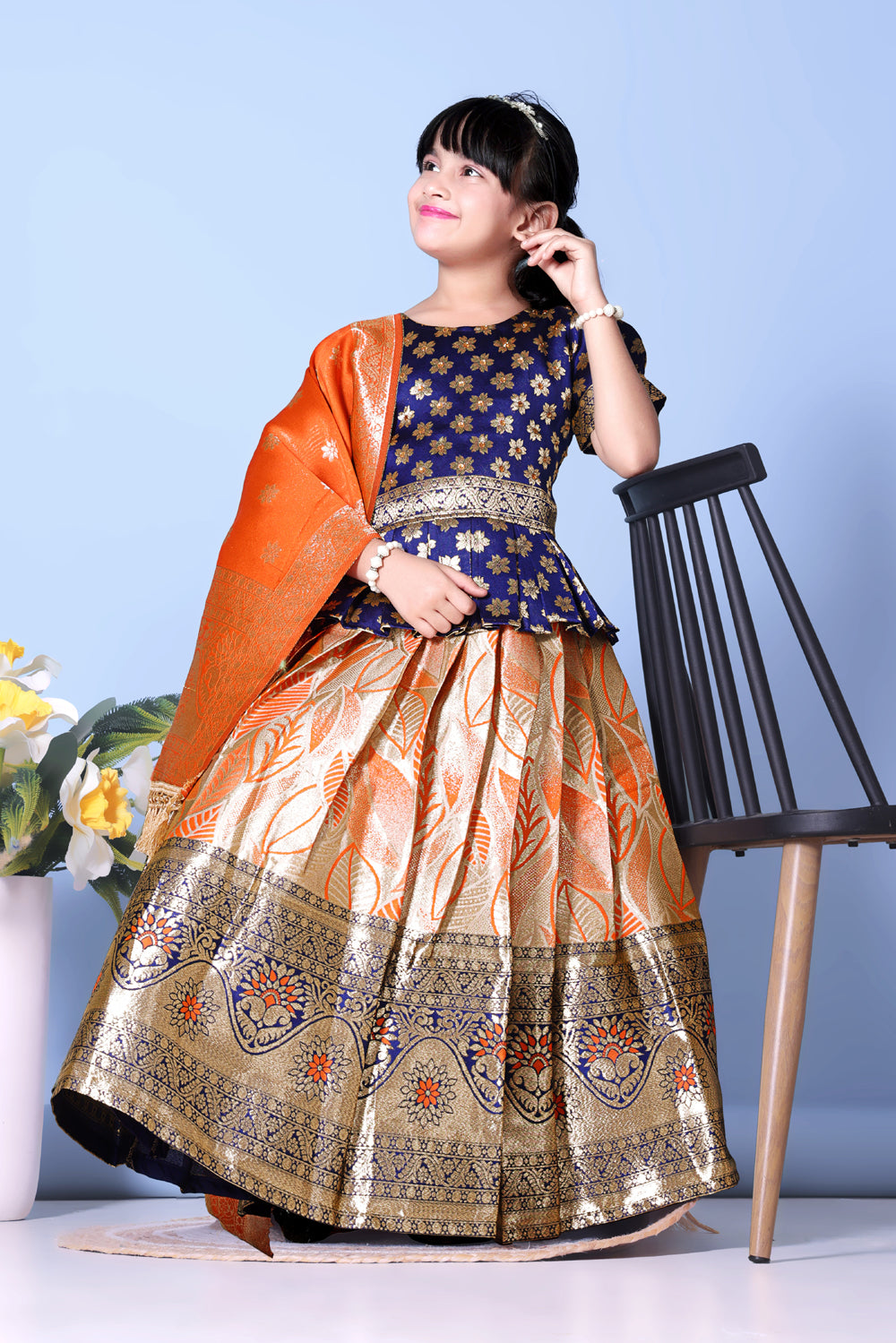 Girls Banarasi Lehenga Choli Set Silk Festive Wedding Ethnic Dress Kids