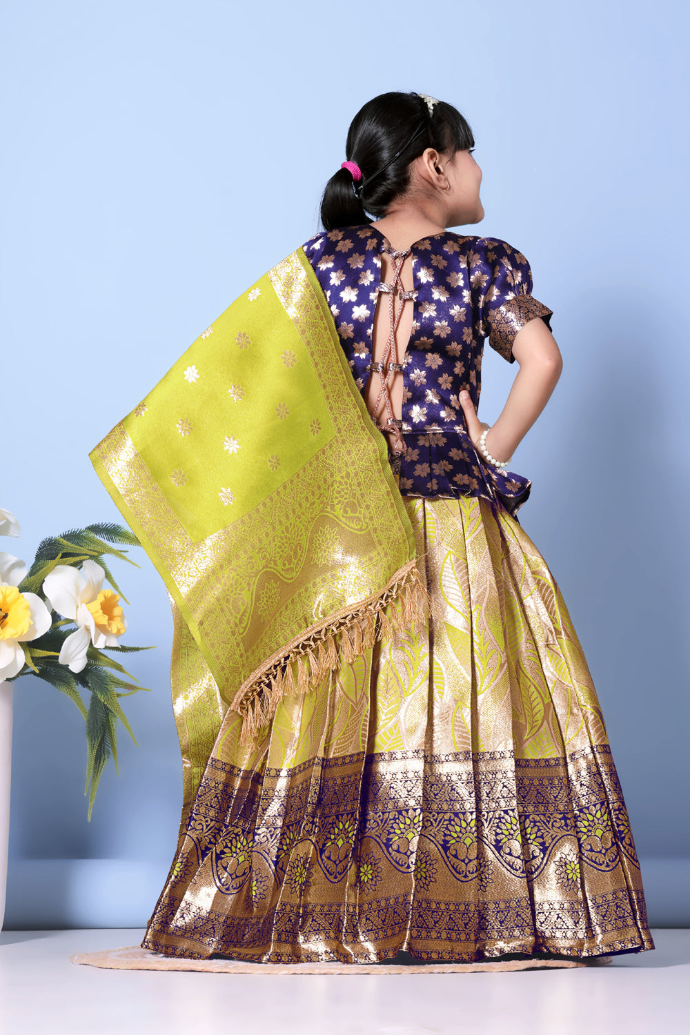 Girls Banarasi Lehenga Choli Set Silk Festive Wedding Ethnic Dress Kids