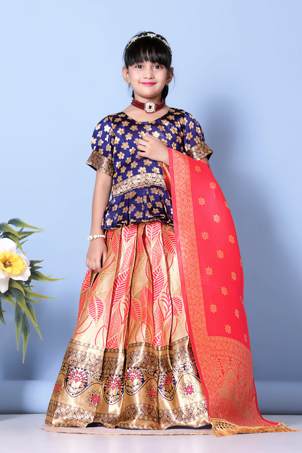 Girls Banarasi Lehenga Choli Set Silk Festive Wedding Ethnic Dress Kids