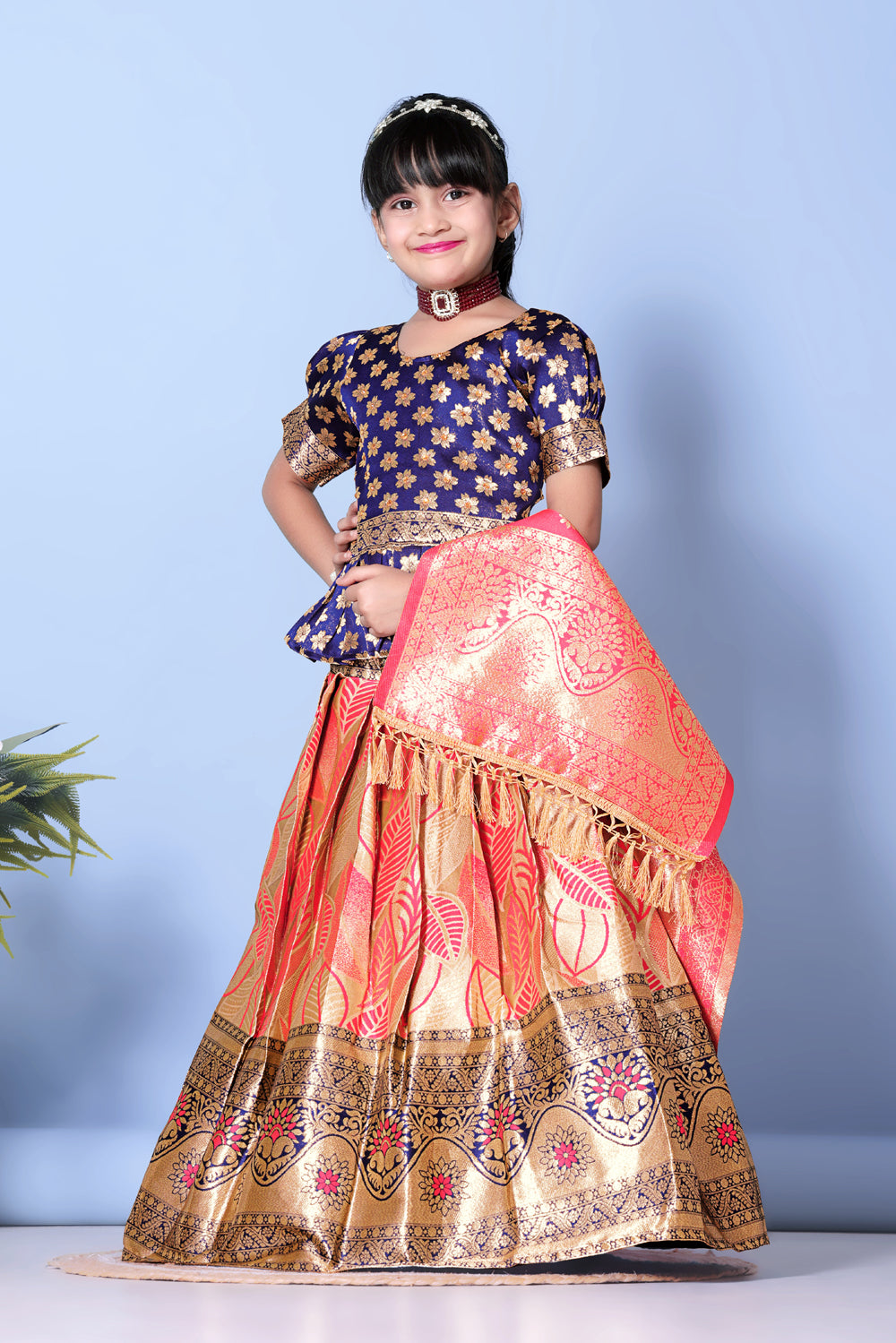 Girls Banarasi Lehenga Choli Set Silk Festive Wedding Ethnic Dress Kids