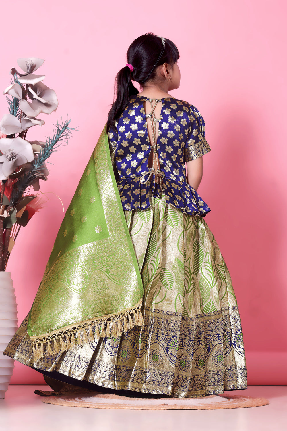 Girls Banarasi Lehenga Choli Set Silk Festive Wedding Ethnic Dress Kids