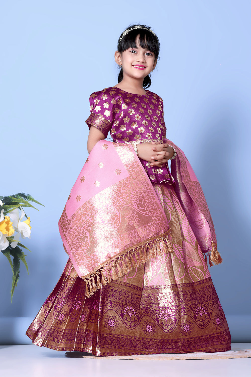 Girls Banarasi Lehenga Choli Set Silk Festive Wedding Ethnic Dress Kids