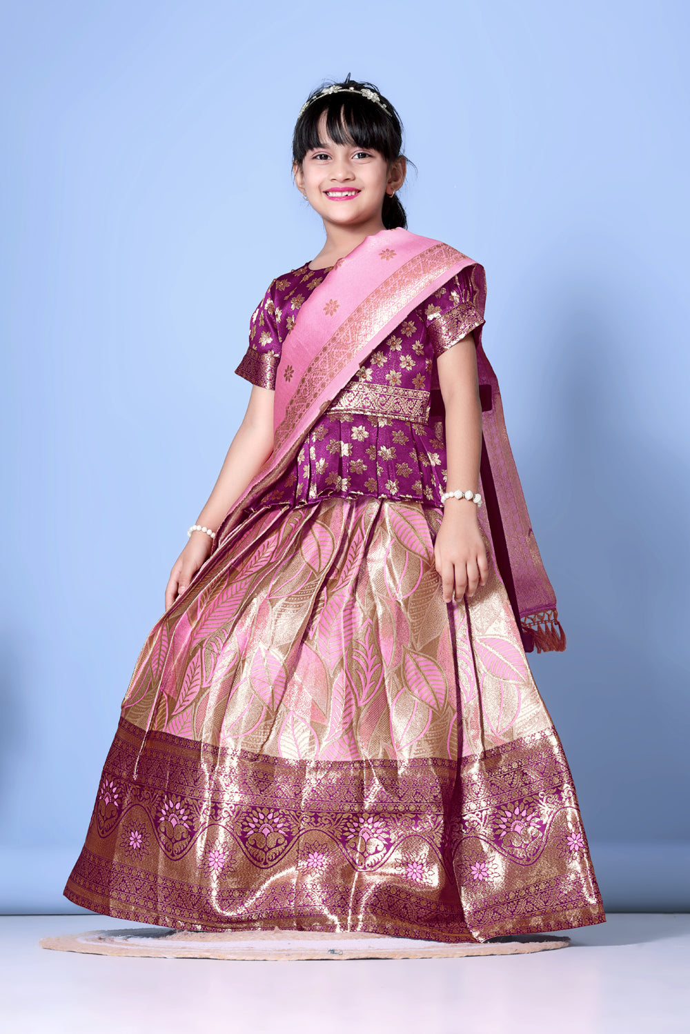 Girls Banarasi Lehenga Choli Set Silk Festive Wedding Ethnic Dress Kids