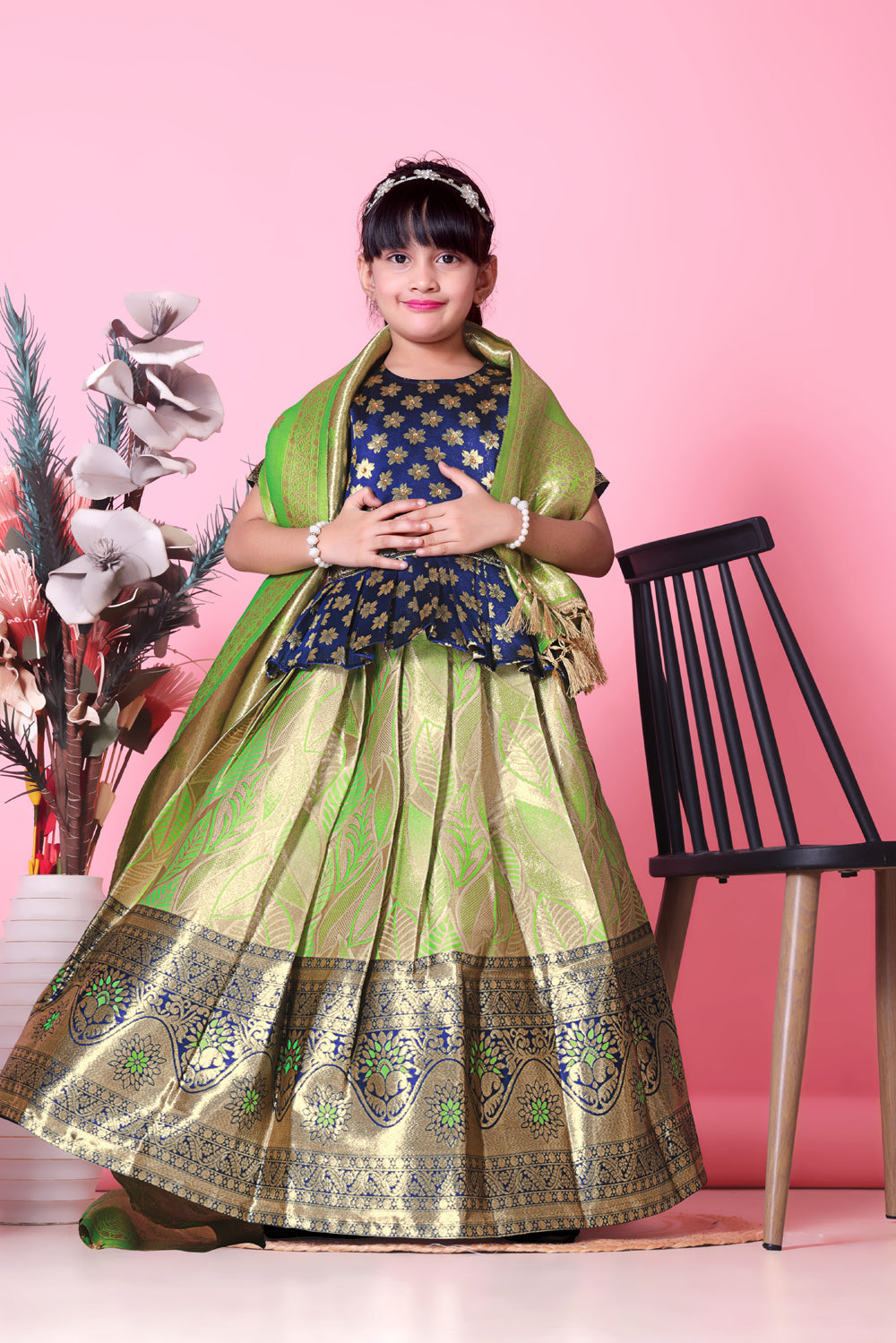 Girls Banarasi Lehenga Choli Set Silk Festive Wedding Ethnic Dress Kids