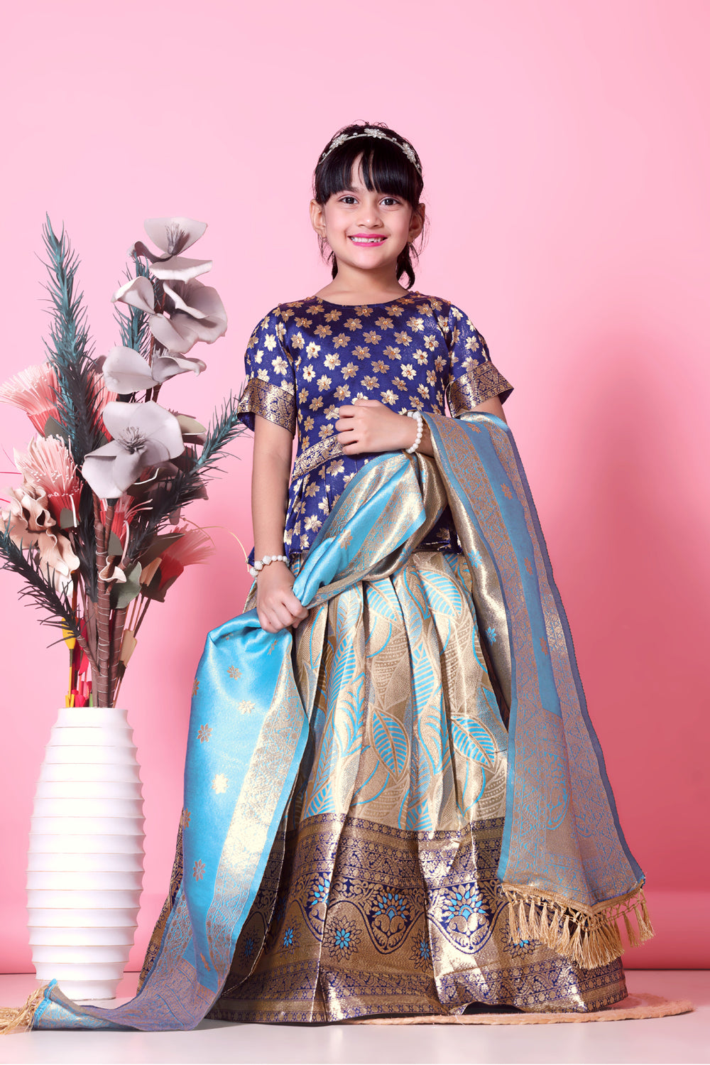 Girls Banarasi Lehenga Choli Set Silk Festive Wedding Ethnic Dress Kids