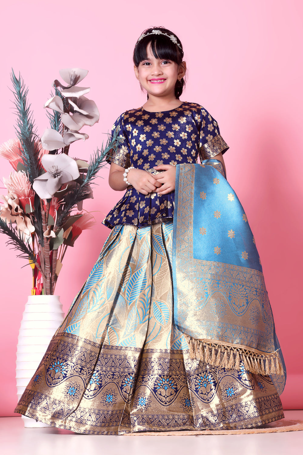 Girls Banarasi Lehenga Choli Set Silk Festive Wedding Ethnic Dress Kids