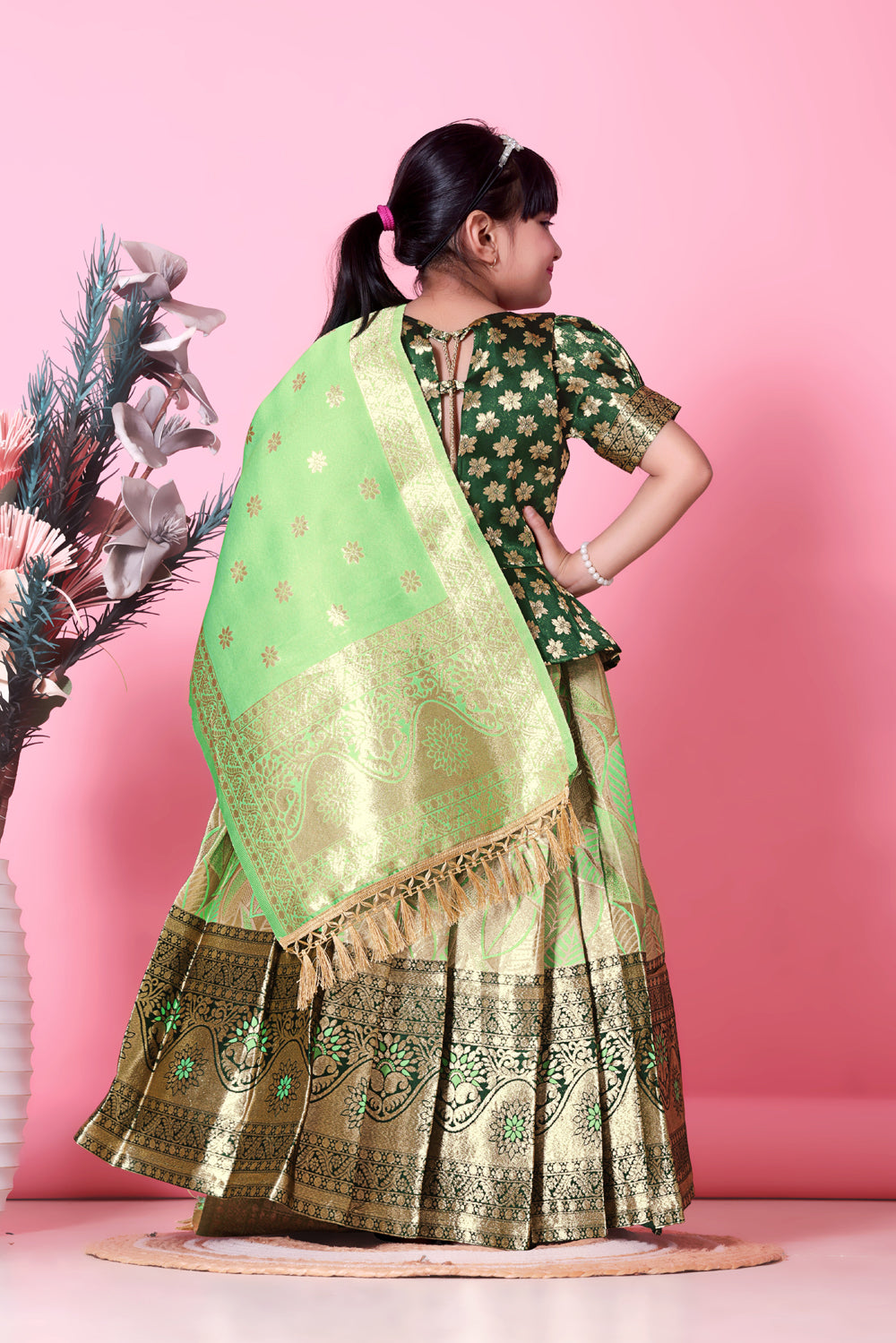 Girls Banarasi Lehenga Choli Set Silk Festive Wedding Ethnic Dress Kids