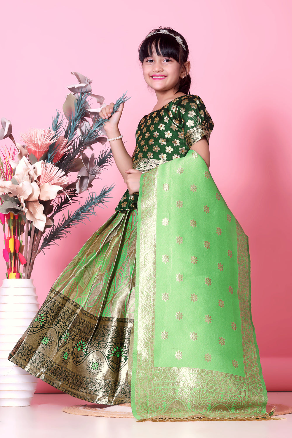 Girls Banarasi Lehenga Choli Set Silk Festive Wedding Ethnic Dress Kids