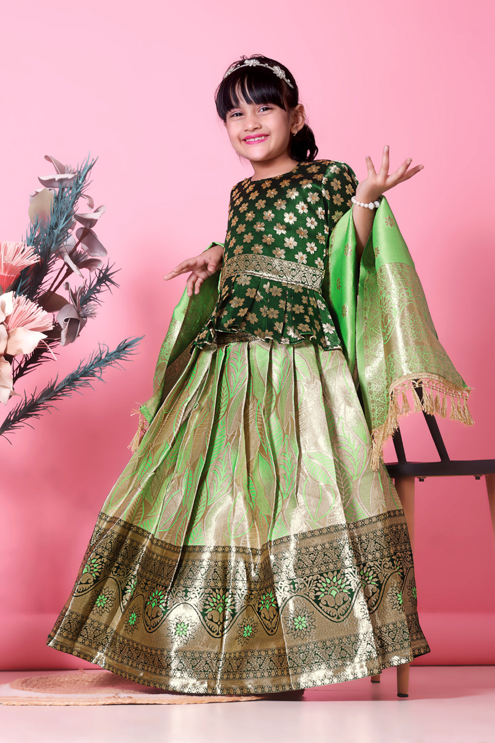 Girls Banarasi Lehenga Choli Set Silk Festive Wedding Ethnic Dress Kids