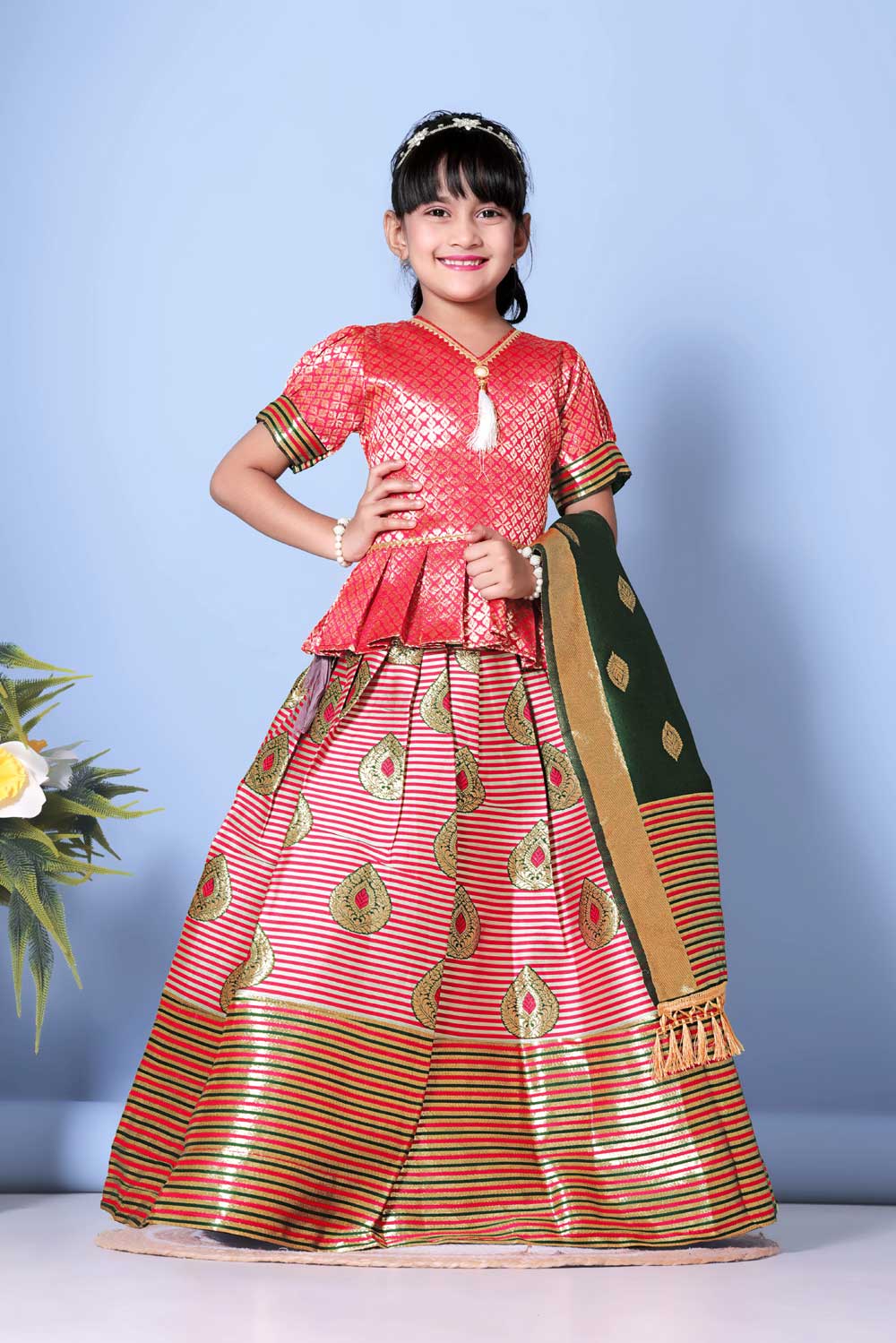 Girls Printed Striped Lehenga Choli and Dupatta Set