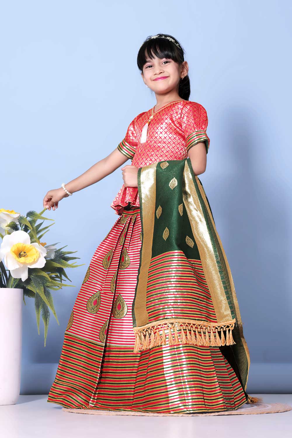 Girls Printed Striped Lehenga Choli and Dupatta Set