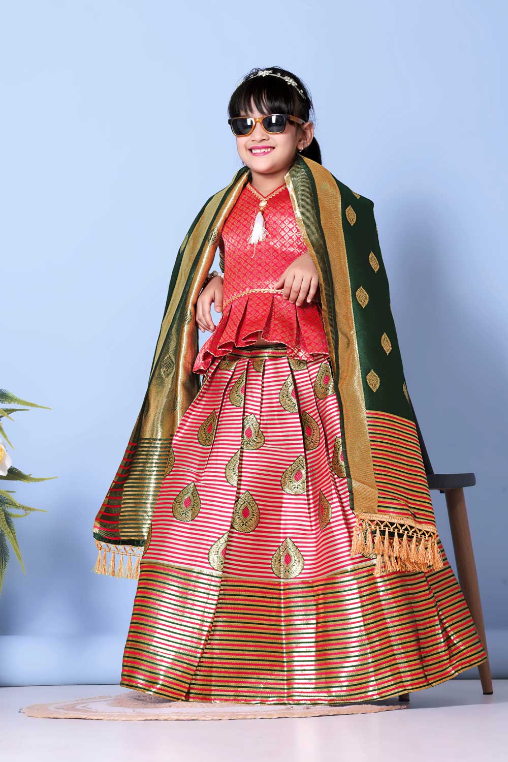 Girls Printed Striped Lehenga Choli and Dupatta Set