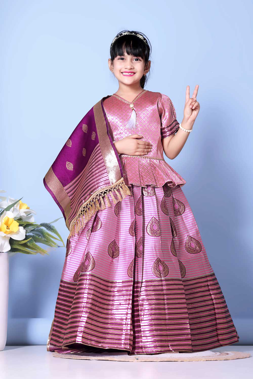 Girls Printed Striped Lehenga Choli and Dupatta Set