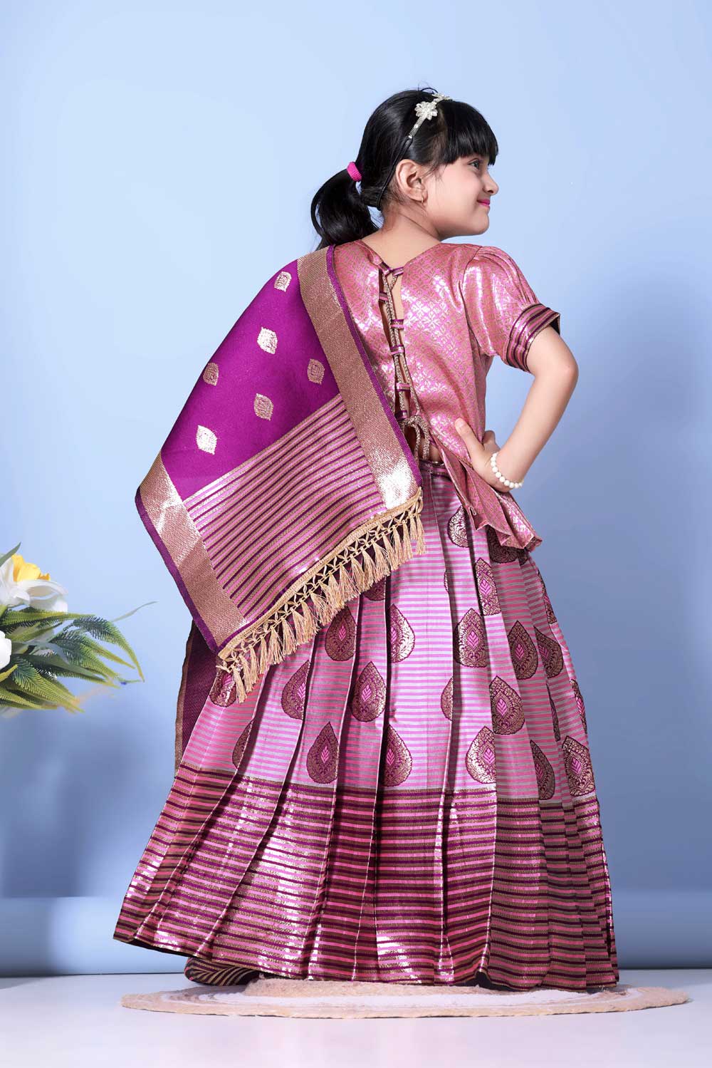 Girls Printed Striped Lehenga Choli and Dupatta Set