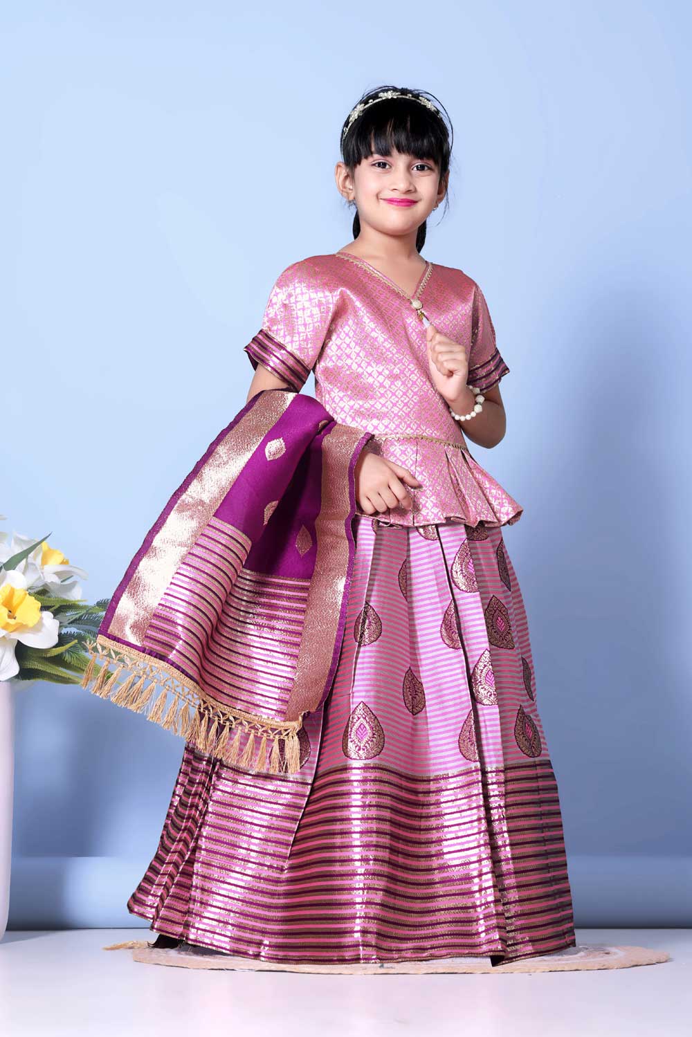Girls Printed Striped Lehenga Choli and Dupatta Set
