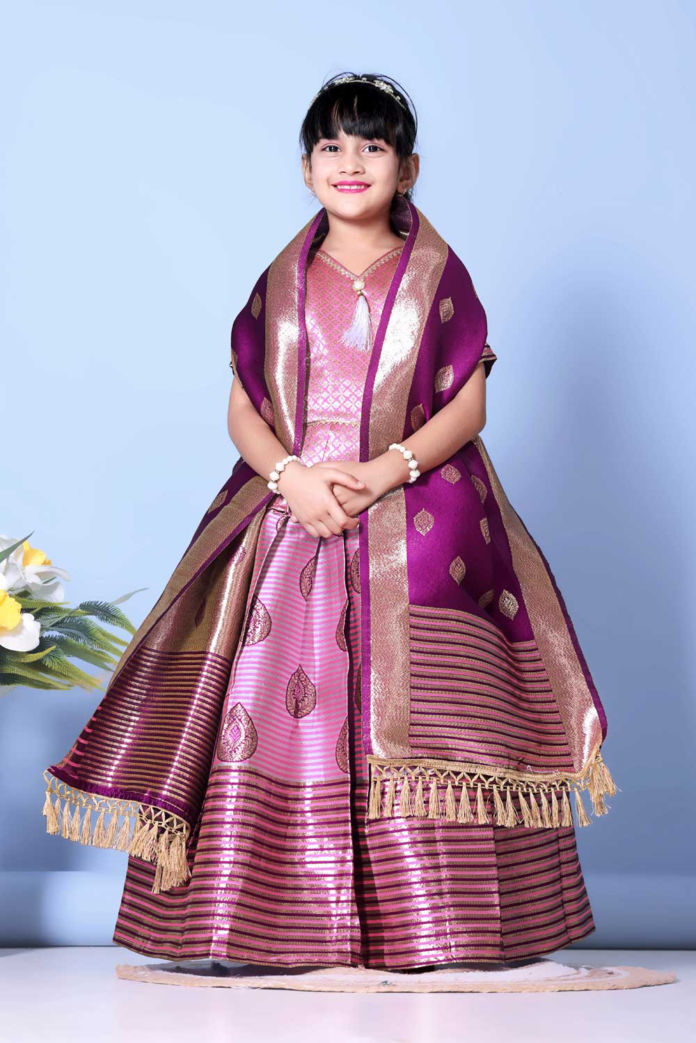 Girls Printed Striped Lehenga Choli and Dupatta Set