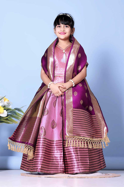 Girls Printed Striped Lehenga Choli and Dupatta Set