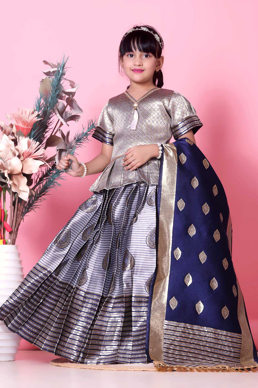 Girls Printed Striped Lehenga Choli and Dupatta Set