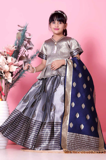 Girls Printed Striped Lehenga Choli and Dupatta Set