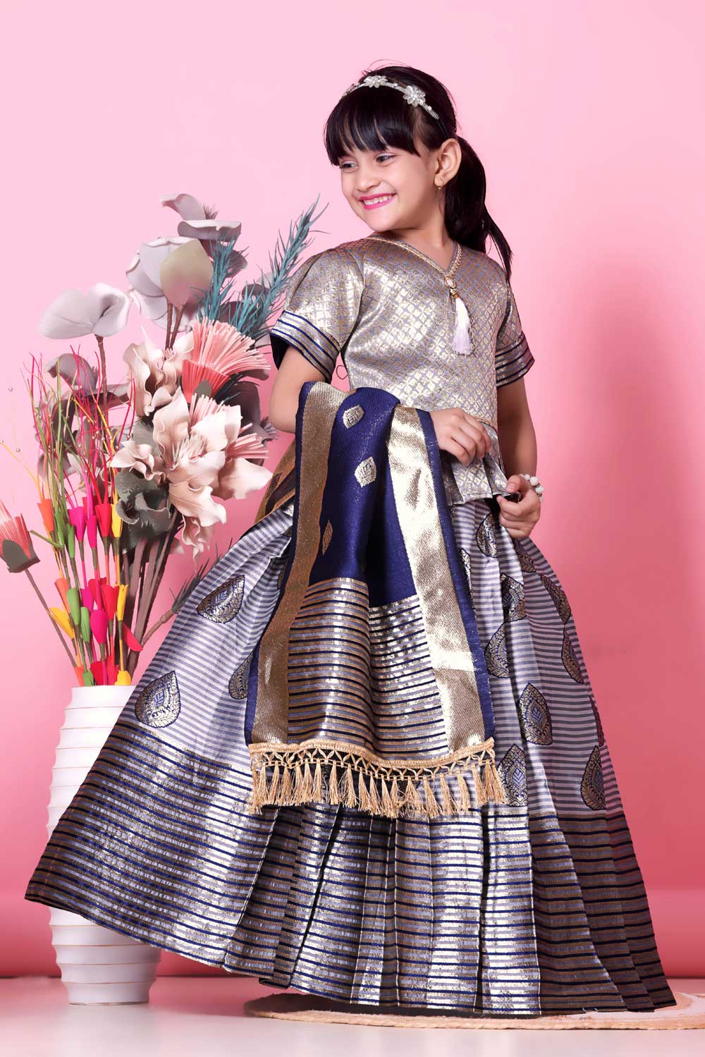 Girls Printed Striped Lehenga Choli and Dupatta Set