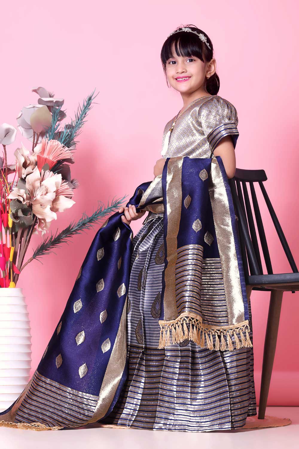 Girls Printed Striped Lehenga Choli and Dupatta Set