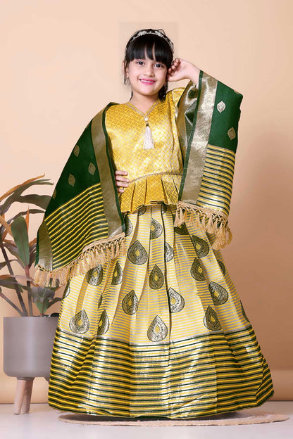 Girls Printed Striped Lehenga Choli and Dupatta Set