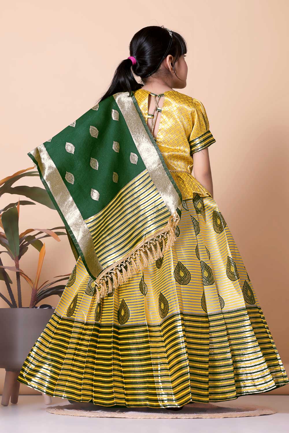 Girls Printed Striped Lehenga Choli and Dupatta Set