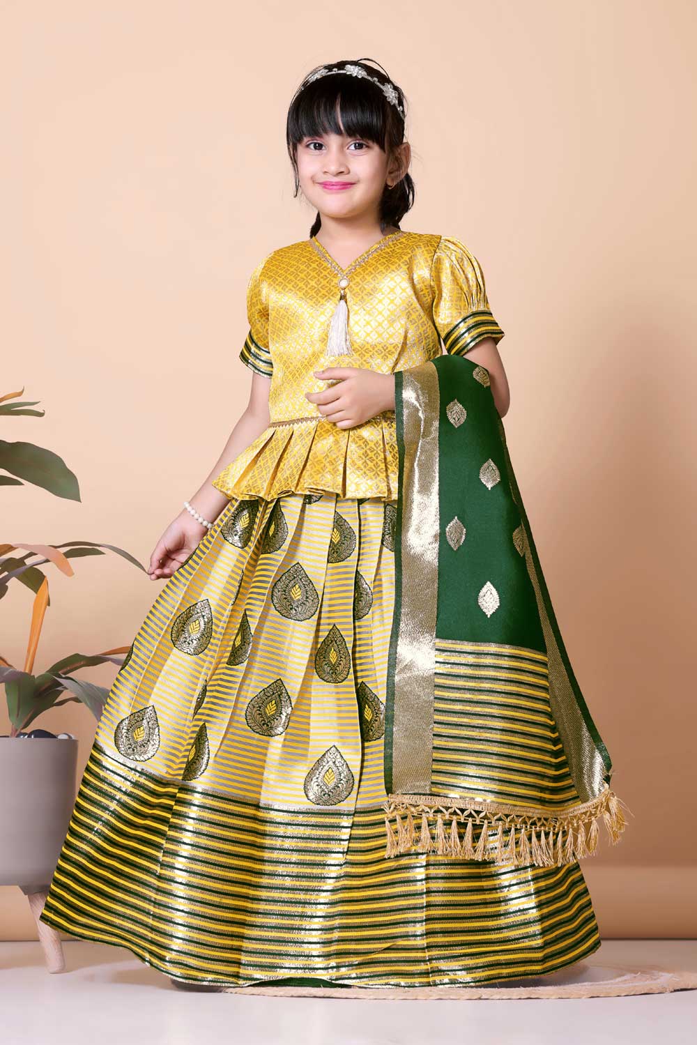 Girls Printed Striped Lehenga Choli and Dupatta Set