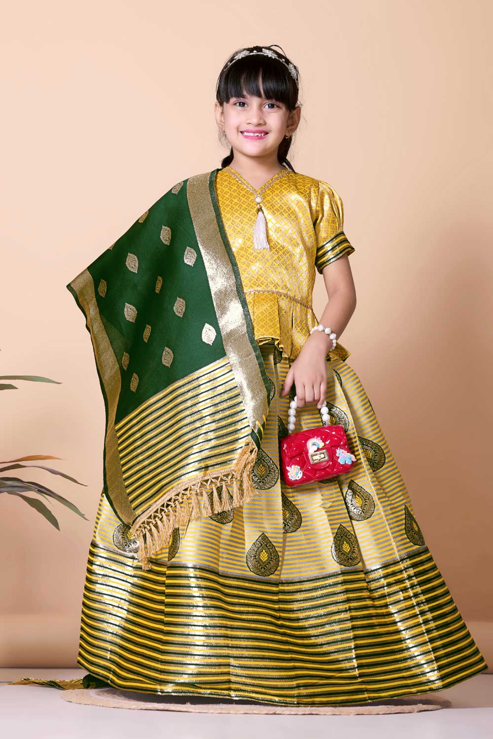 Girls Printed Striped Lehenga Choli and Dupatta Set
