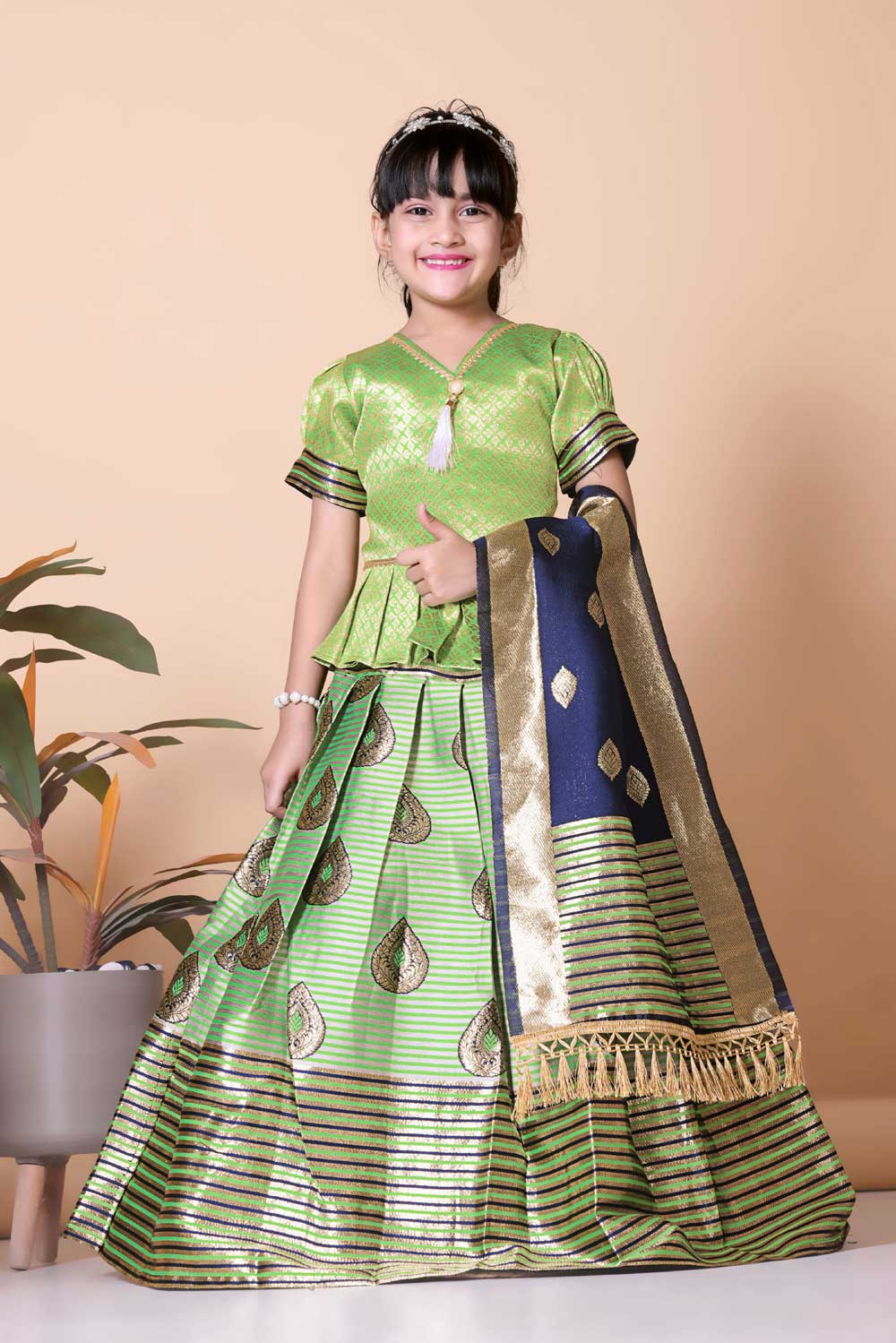Girls Printed Striped Lehenga Choli and Dupatta Set