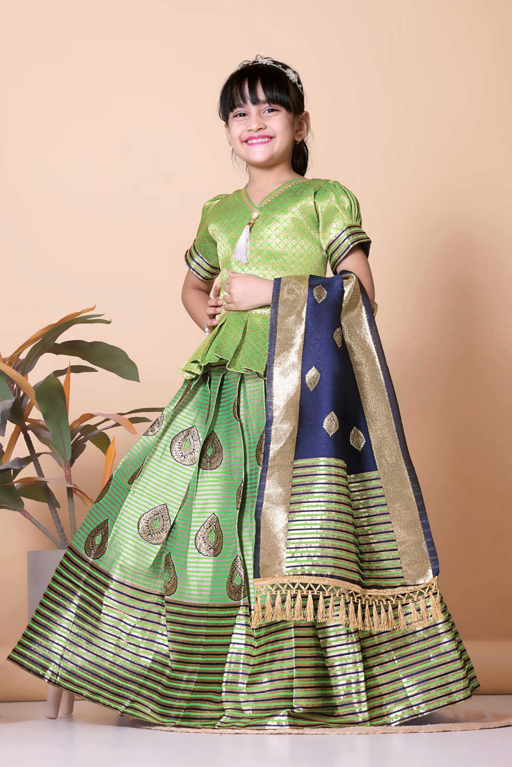 Girls Printed Striped Lehenga Choli and Dupatta Set