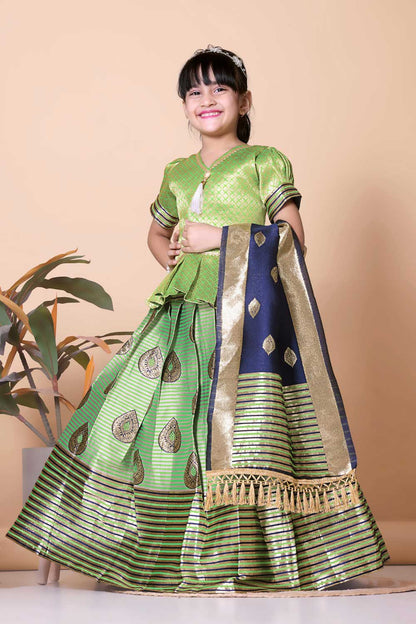 Girls Printed Striped Lehenga Choli and Dupatta Set