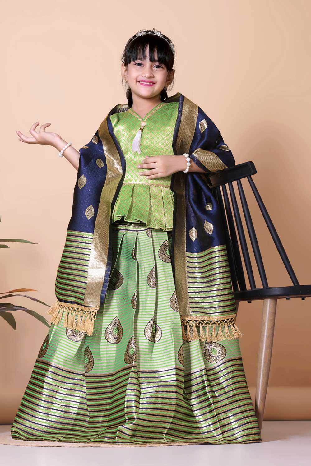 Girls Printed Striped Lehenga Choli and Dupatta Set