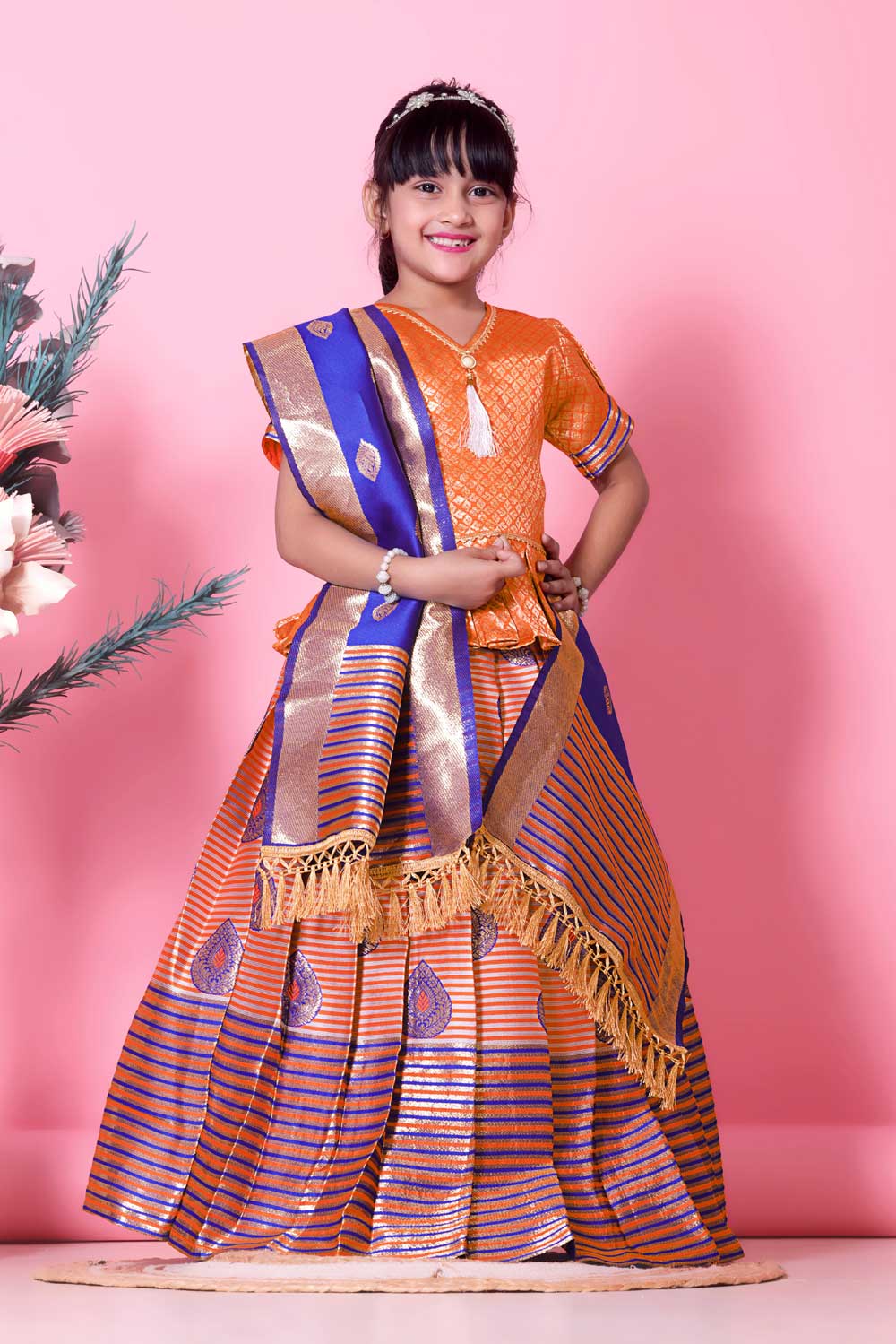 Girls Printed Striped Lehenga Choli and Dupatta Set