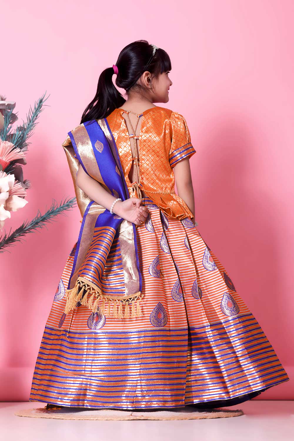 Girls Printed Striped Lehenga Choli and Dupatta Set