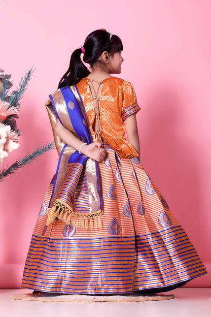 Girls Printed Striped Lehenga Choli and Dupatta Set