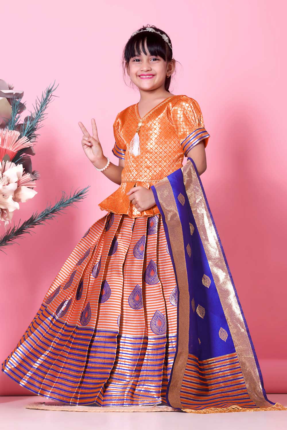 Girls Printed Striped Lehenga Choli and Dupatta Set