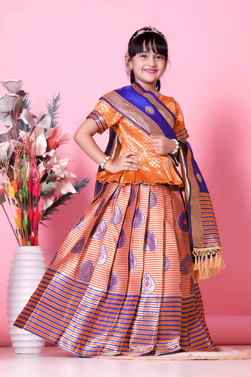 Girls Printed Striped Lehenga Choli and Dupatta Set