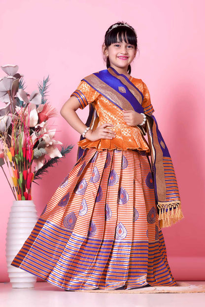 Girls Printed Striped Lehenga Choli and Dupatta Set