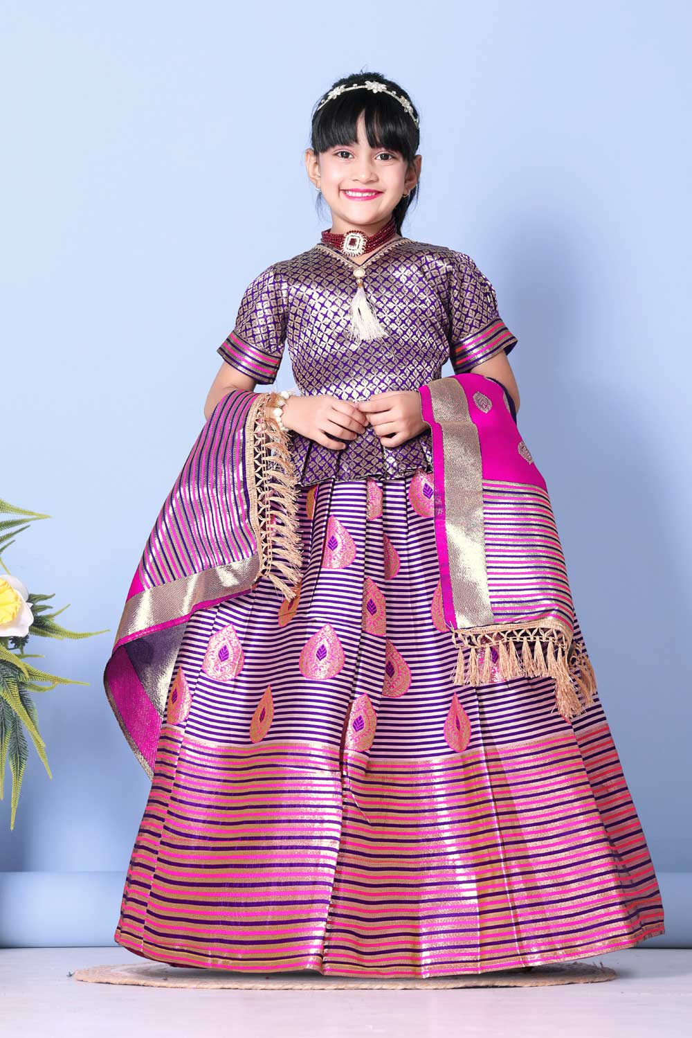 Girls Printed Striped Lehenga Choli and Dupatta Set
