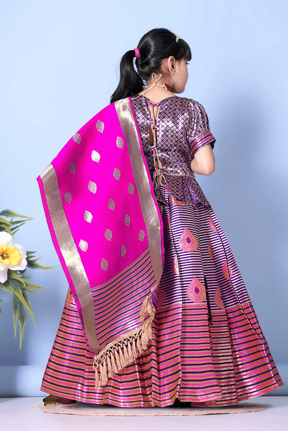 Girls Printed Striped Lehenga Choli and Dupatta Set