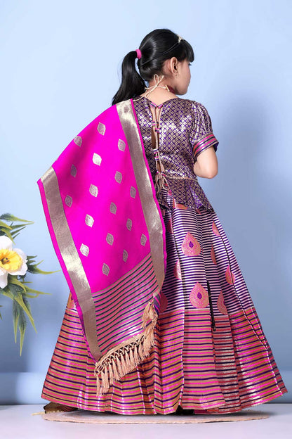 Girls Printed Striped Lehenga Choli and Dupatta Set